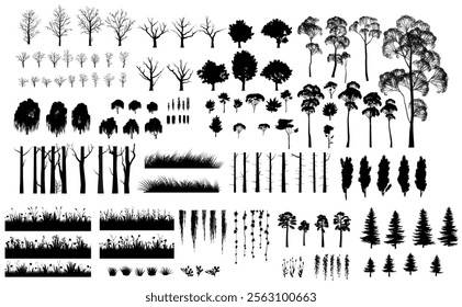 Large set of trees and shrubs. Image of black silhouette isolated on white background. Vector Forest landscape. View of summer nature. Beautiful trees.