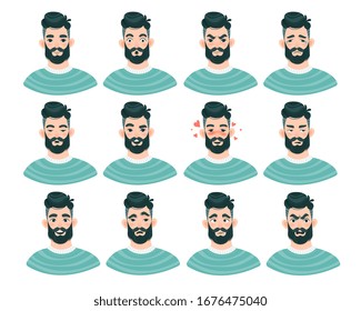 Large set of twelve different male emoticons with bearded man showing a variety of emotions and expressions isolated on white, vector illustration
