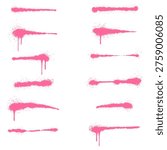 Large Set of Twelve Pink Graffiti Spray Paint Brush Lines with Various Aerosol Drip and Splatter Styles.