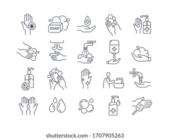 Large set of twenty black and white line drawn washing and hygiene icons showing hand washing, sanitizers and soaps, vector illustration