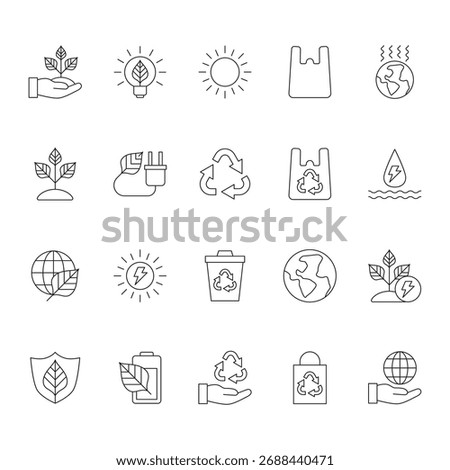 A large set of twenty five vector line art ecology and environment icons.