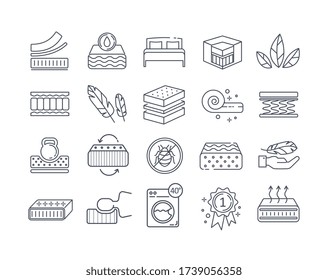 Large set of twenty line drawn Mattress icons in black and white showing the benefits of various mattress designs, black and white vector illustration