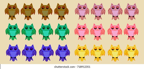 A large set of twenty-four owls in the color variations of brown, green, blue, pink, yellow with various ornaments on the wings and tails and sleepy eyes