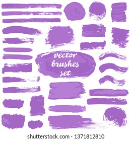 Large set of two-color strokes, brushes, dots, inks, strokes. Collection of dirty elements for your design. Vector illustration isolated on white background. Purple shades