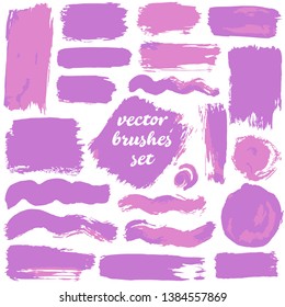 Large set of two-color strokes, brushes, dots, inks, strokes and lines. Vector illustration isolated on white background. Collection of dirty elements for design. Violet shades