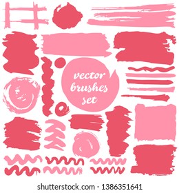 Large set of two-color strokes, brushes and lines. Isolated. Collection of dirty elements. Pink shades