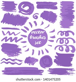 Large set of two-color strokes, brushes, dots. Collection of dirty elements for design. Isolated. Purple shades