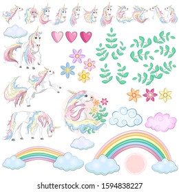Large set with unicorns, flowers, leaves, hearts, rainbow and other design elements