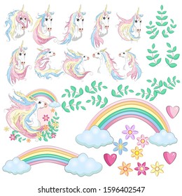 Large set with unicorns, flowers, leaves, hearts, rainbow and other design elements