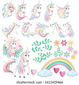 Large set with unicorns, flowers, leaves, hearts, rainbow and other design elements