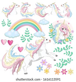 Large set with unicorns, flowers, leaves, hearts, rainbow and other design elements