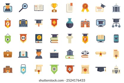 Grande conjunto de ícones da universidade representando diferentes faculdades com um membro da faculdade procurando por graduados usando uma lupa