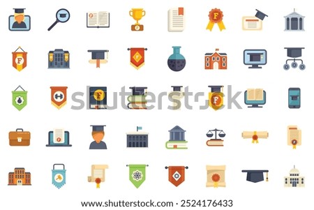 Large set of university icons representing different faculties with a faculty member searching for graduates using a magnifying glass