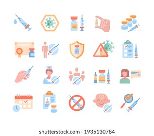 Large set of vaccine and medical icons with hypodermic syringes, doses in bottles, nurse, patients, baby and certificates, collection of colored vector illustrations isolated on white background