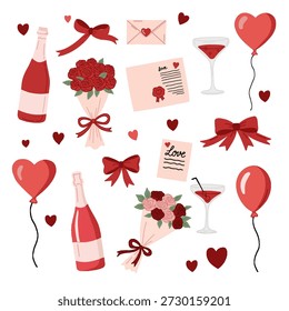 A large set of Valentine's Day icons including champagne, rose bouquets, love letters, bows, cocktails, and heart balloons in a flat illustration style.