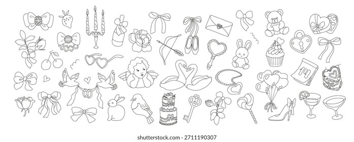 Large set of Valentine's Day line art elements. Hearts, arrows, flowers, gifts, couples in primitive minimalist style. Perfect for cards, invitations, social media.