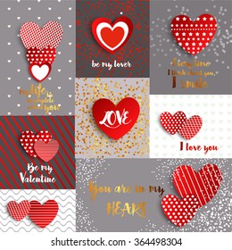 A large set of valentines with red hearts on a gray background with gold shiny confetti. Greeting sincere love writing letters in gold color. I love you. Be my Valentine