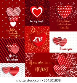 A large set of valentines with red hearts on a burgundy background with gold shiny confetti. Greeting sincere love writing letters in gold color.