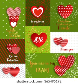 A large set of valentines with red hearts on a green background with gold shiny confetti. Greeting sincere love writing letters in gold color. I love you. Be my Valentine