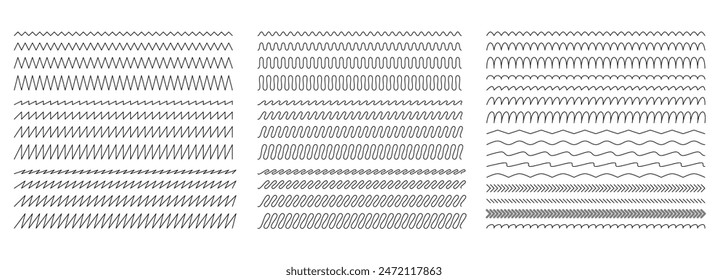 Large set of varied zigzag and wavy thin lines for modern design. Vector illustration of straight and slanted geometric frames.