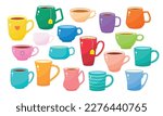 Large set with a variety of cups and mugs. Cups with tea and coffee.