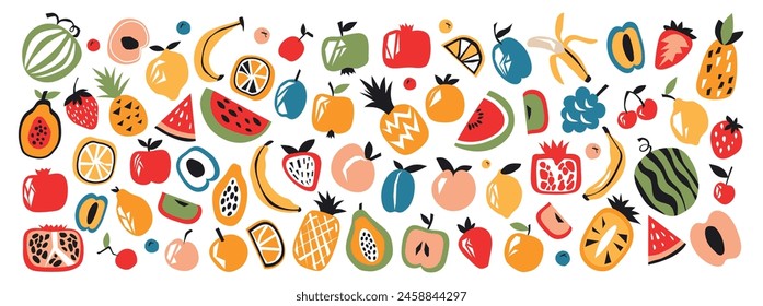 Large set of various abstract fruits and berries.Contemporary trendy vector illustration. Fruit collection design for interior, poster, cover, banner. All elements are isolated.