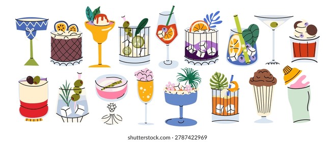 Large set of various alcoholic and non-alcoholic cocktails in modern cartoon style. Bright summer cold drinks collection with ice cream, fruits, leaves and ice cubes for stickers, party