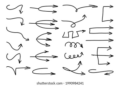 Large Set of Various black hand-drawn Arrows, doodle art, line art. Arrow options: Straight, Twisting, Ascending, Step, Circular, Thin, Long, Angular, Zigzag arrows, curl and swirl