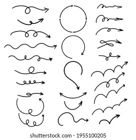 a Large Set of Various black swirling hand-drawn Arrows, doodle art, line art. Arrow options: Twisting, Ascending, Circular, Thin, Long, Wavy, Sketchy