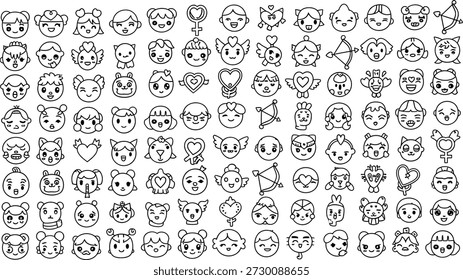 Un Grande conjunto de caras de dibujos animados que expresan diferentes emociones y reacciones