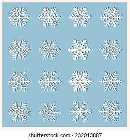  large set of various carved, lace or simple  paper snowflakes with shadow
