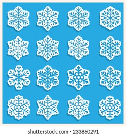  large set of various carved, lace or simple  paper snowflakes with shadow