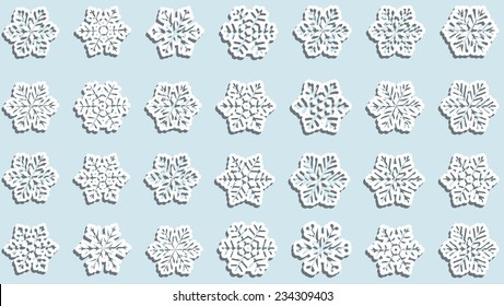  large set of various carved, lace or simple  paper snowflakes 