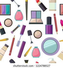 Large set of various cosmetic accessories nail polish, mascara for the eyes, a pocket mirror, eye shadow, lipstick and others.