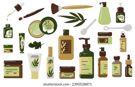 A large set of various cosmetics for body, hair and skin care. A set of organic cosmetics and makeup products in bottles and jars. Color flat vector illustration highlighted on a white background
