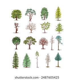 Large set of various deciduous bushes and trees. color illustration