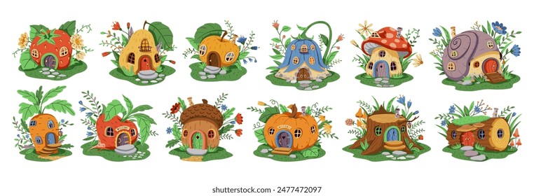 Large set of various fairy houses of gnome or fairy. A house on a green lawn decorated with flowers and leaves. The house has a wooden door and windows