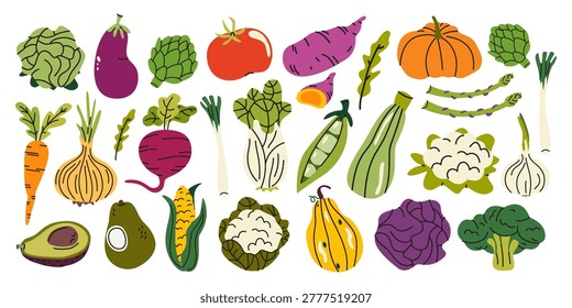 Large set of various fresh farm vegetables in cartoon flat style. Tomato, broccoli, cabbage, corn, onion, pumpkin. Healthy grocery and organic food concept
