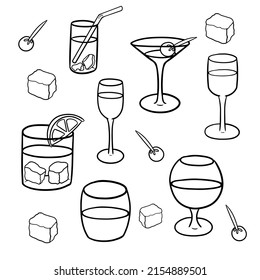 Un gran conjunto con diferentes vasos con bebidas alcohólicas y no alcohólicas, atributos para la recreación alcohólica, paja y hielo para bebidas, ilustración vectorial monocroma.