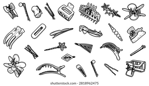A large set of various hair accessories. Hand drawn vector sketch. Hairpin for creating beautiful hairstyles. Hair care clips. Illustration line art graphics.