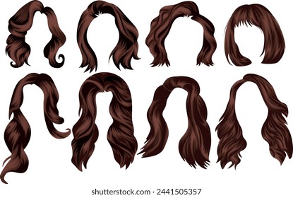 conjunto grande con varios cortes de pelo para diferentes longitudes de cabello castaño, a saber, pelo corto y largo, para personajes femeninos