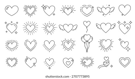 Grande conjunto de varios iconos de corazón en un estilo de contorno blanco y negro simple que incluye corazones brillantes y corazones con alas.
