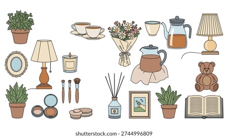 Large set of various home interior objects including potted plants, tea sets, candles, books, and decorative lamps.