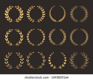 A large set of various laurel golden wreaths. symbol of winner and champion. flat vector illustration isolated on black background