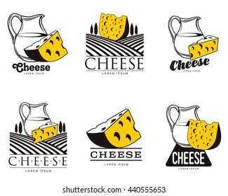 large set of various logo with cheese, vector simple illustration isolated on white background. set of cheese emblems, symbols, logo design concepts