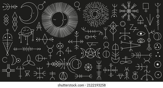 A large set of various magical symbols and signs. Esoteric elements, magic, sorcery. Hand drawn various magic objects. Vector illustration