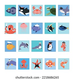 A large set of various marine animals in hats and with sailor attributes. Funny characters, avatars. Various icons. Hand-drawn fashion vector illustrations. Cartoon style. Flat design.