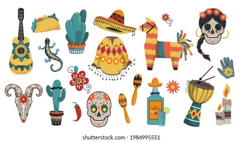 A large set of various Mexican elements. Elements of national color and culture. Isolated objects on a white background for your design.  Vector image, EPS10.