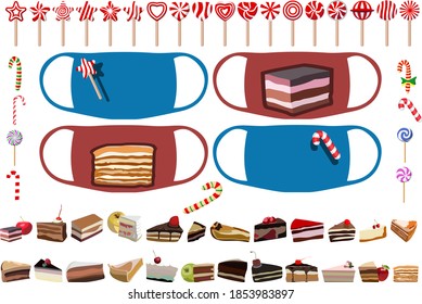 A large set of various sweets. Prints on the mask. Images for different purposes. Vector illustration.