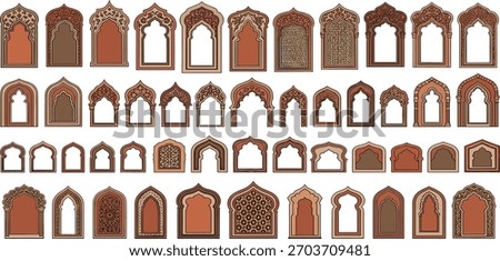 A large set of various traditional Islamic, Arabic, and Mughal architectural arches and window frames. The collection showcases diverse and intricate designs isolated on a white background.